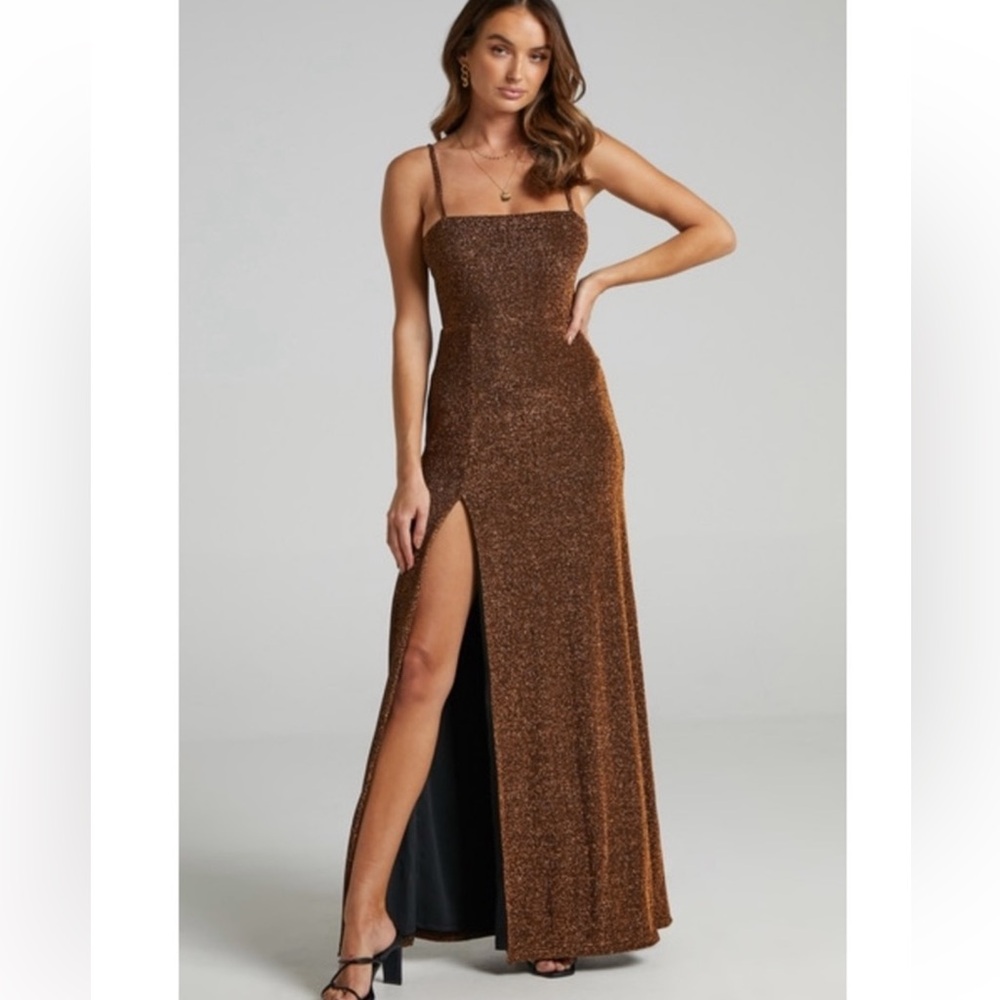 showpo brown and copper rheannon maxi split dress never worn size 2